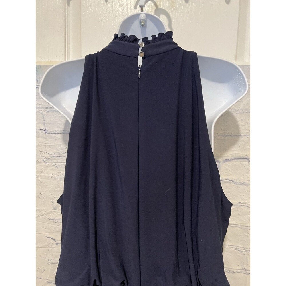 VINCE CAMUTO SLEEVELESS HALTER RUFFLE NECK NAVY BLUE BELTED JUMPSUIT 16W - Picture 7 of 8